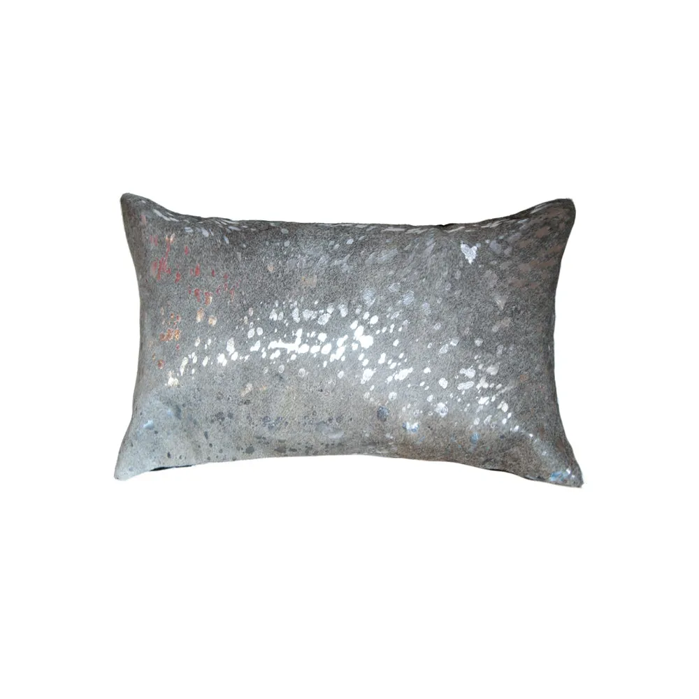 12" x 20" x 5" Silver And Gray Cowhide Pillow