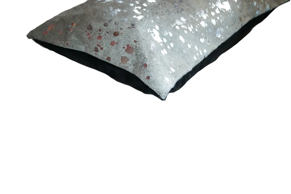12" x 20" x 5" Silver And Gray Cowhide Pillow