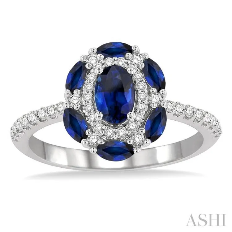 1/3 Ctw Oval 6x4MM & Marquise 4X2MM Sapphire and Round Cut Diamond Precious Ring in 14K White Gold