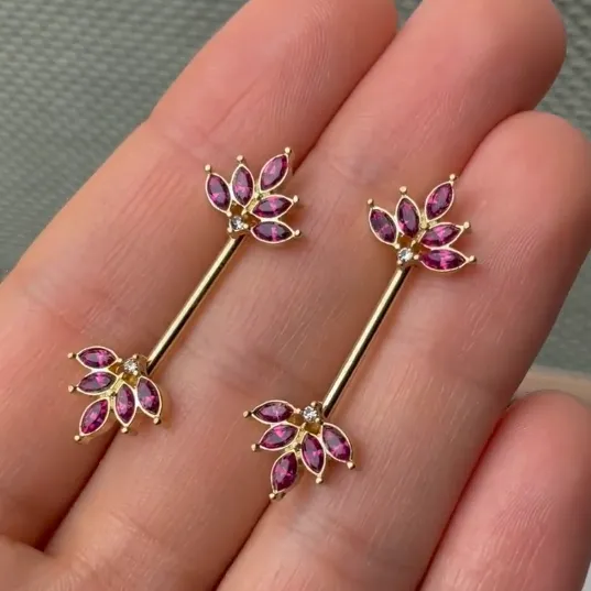 14 Gauge 9/16 Red Gem Gold Tone Autumn Leaves Nipple Ring Set