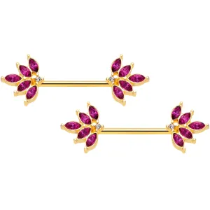 14 Gauge 9/16 Red Gem Gold Tone Autumn Leaves Nipple Ring Set