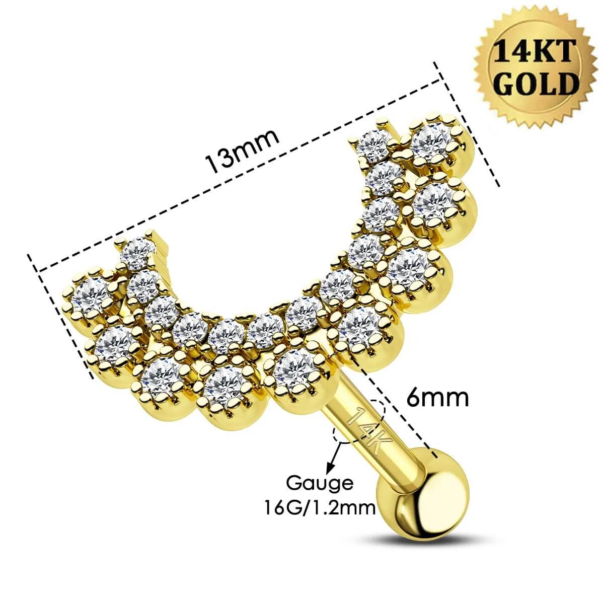 14K Solid Gold 16G Curved U-Shape CZ Cartilage Stud