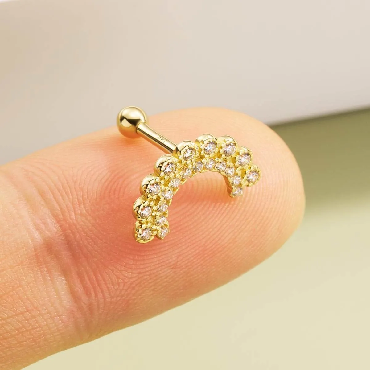 14K Solid Gold 16G Curved U-Shape CZ Cartilage Stud