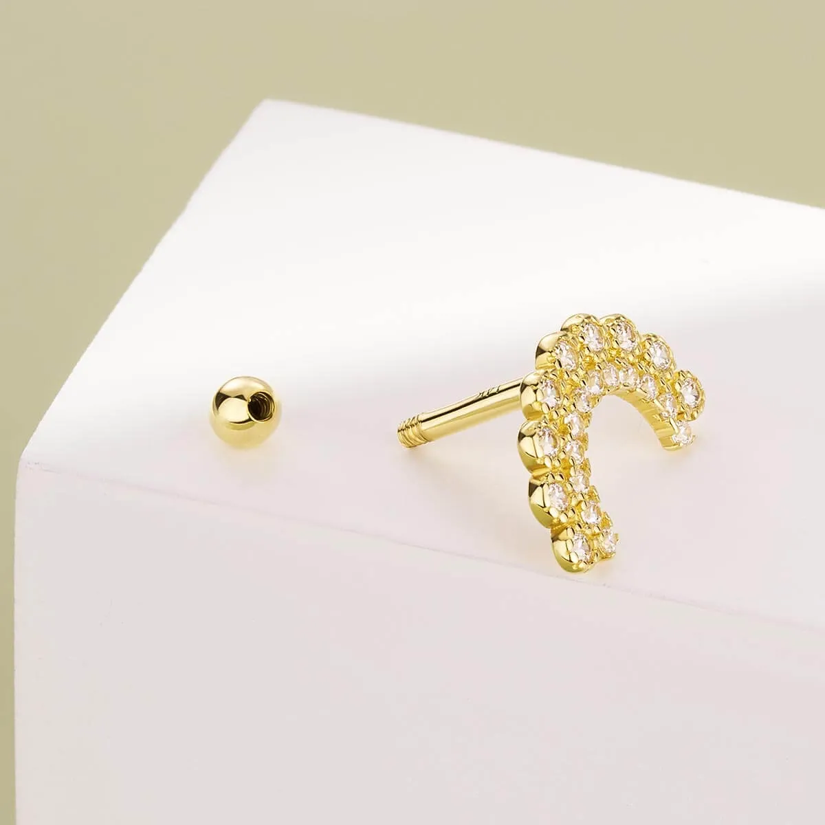 14K Solid Gold 16G Curved U-Shape CZ Cartilage Stud