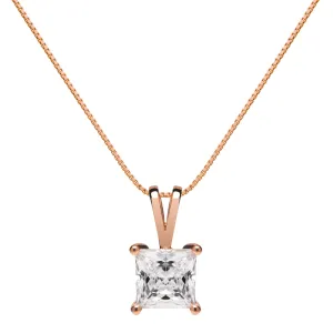 14K Solid Rose Gold Pendant Necklace | Princess Cut Cubic Zirconia Solitaire | 1 Carat | 18 Inch Box Link Chain
