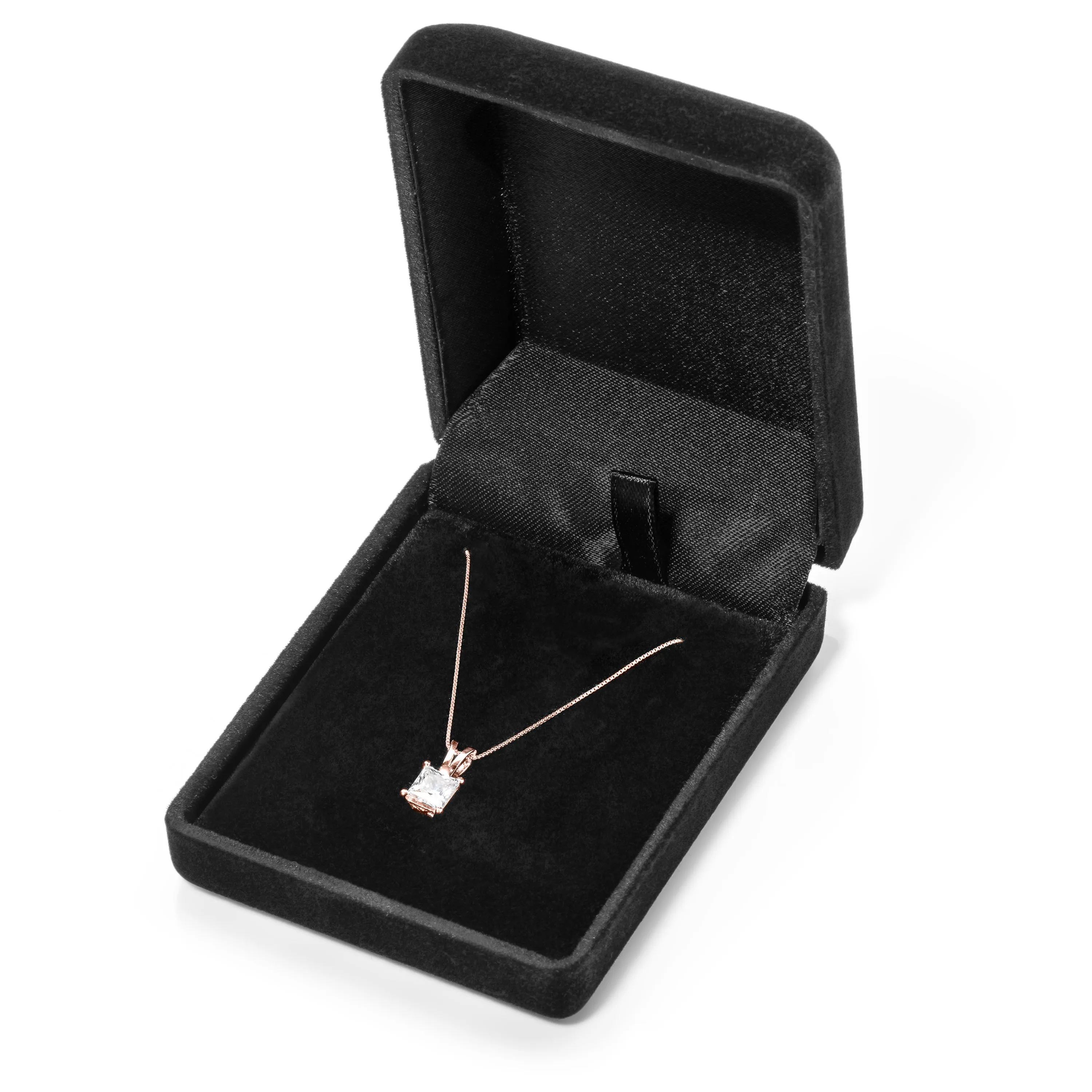 14K Solid Rose Gold Pendant Necklace | Princess Cut Cubic Zirconia Solitaire | 1 Carat | 18 Inch Box Link Chain