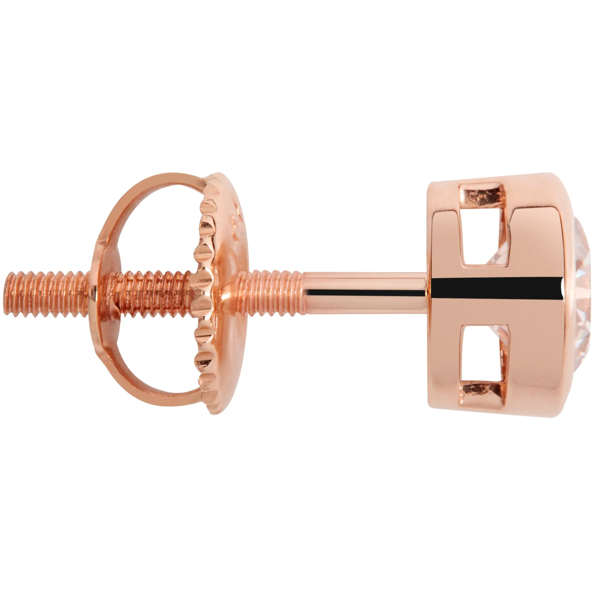 14K Solid Rose Gold | Round Cut Cubic Zirconia Stud Earrings | .92 CTW Bezel Set | Screw Back Posts