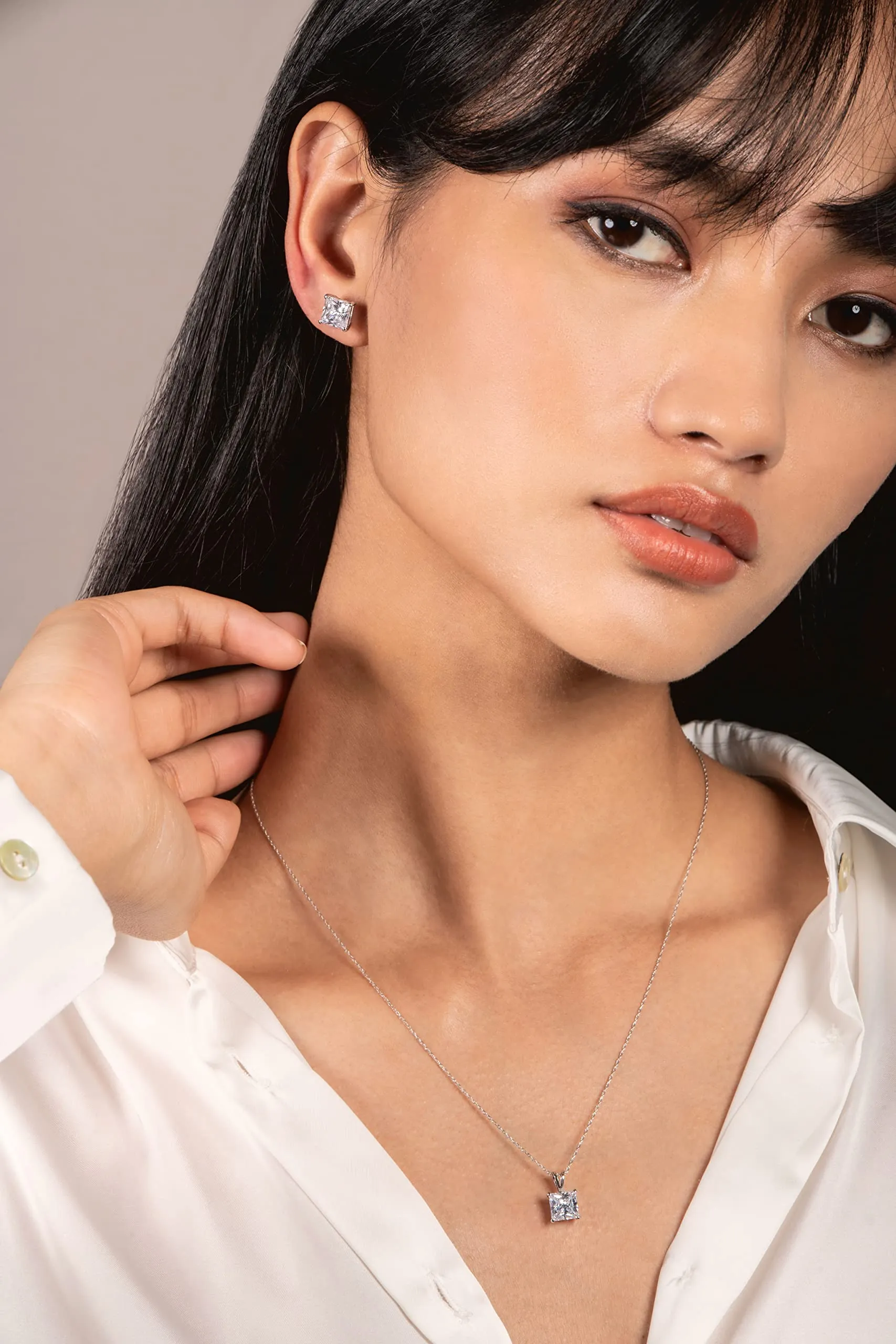 14K Solid White Gold Pendant Necklace | Princess Cut Cubic Zirconia Solitaire | 2 Carat | 16 Inch .60mm Box Link Chain