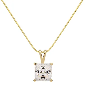 14K Solid Yellow Gold Pendant Necklace | Princess Cut Cubic Zirconia Solitaire | 2 Carat | 16 Inch .60mm Box Link Chain