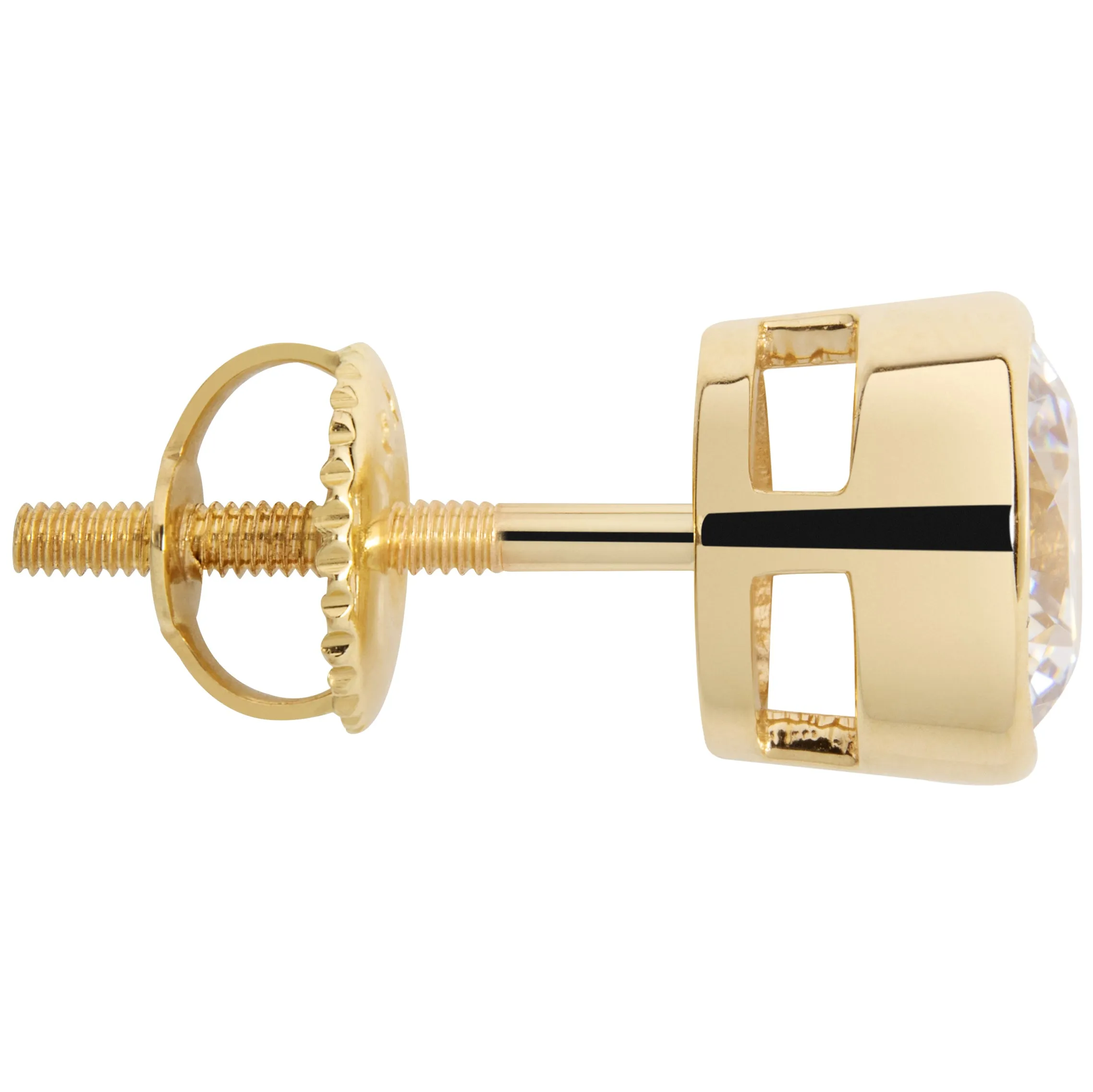 14K Solid Yellow Gold | Round Cut Cubic Zirconia Stud Earrings | 2.0 CTW Bezel Set | Screw Back Posts