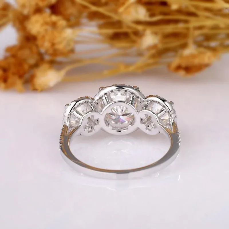 14k White Gold Diamond Three-Stone Halo Engagement Ring