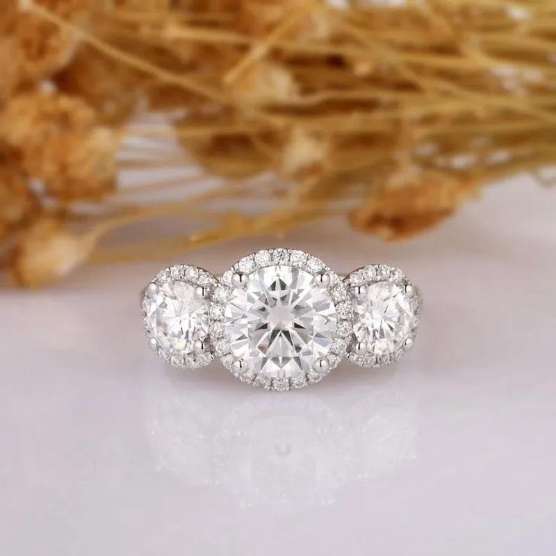14k White Gold Diamond Three-Stone Halo Engagement Ring