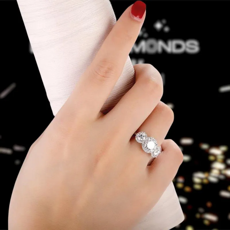 14k White Gold Diamond Three-Stone Halo Engagement Ring