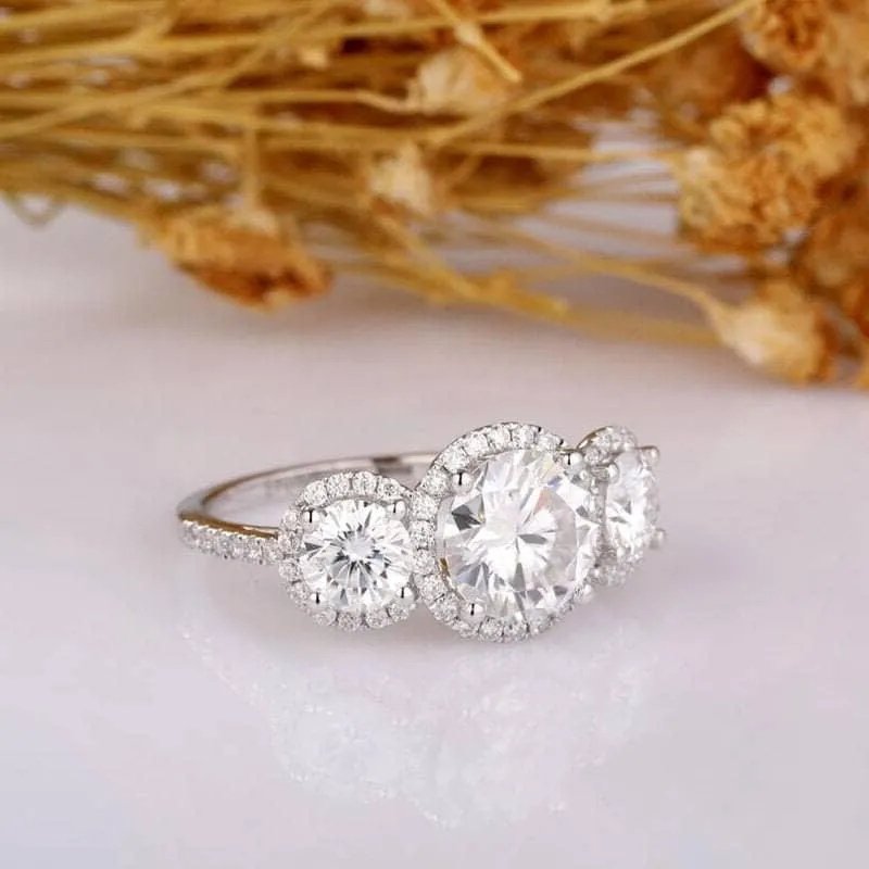 14k White Gold Diamond Three-Stone Halo Engagement Ring