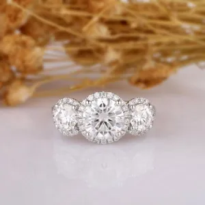 14k White Gold Diamond Three-Stone Halo Engagement Ring