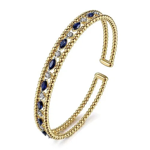 14K Yellow Gold Bujukan Cuff Bracelet with Marquise Sapphire and Round Diamonds