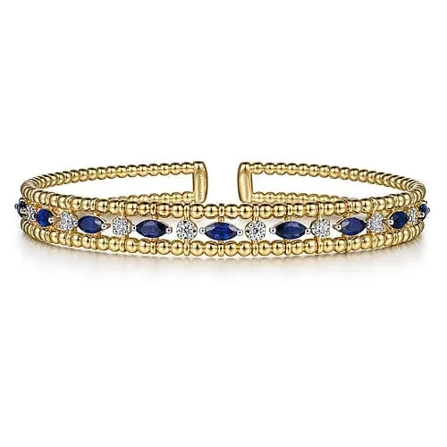 14K Yellow Gold Bujukan Cuff Bracelet with Marquise Sapphire and Round Diamonds