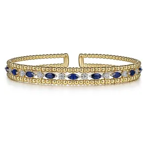 14K Yellow Gold Bujukan Cuff Bracelet with Marquise Sapphire and Round Diamonds