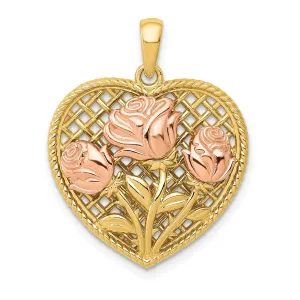 14k Yellow Rose Gold Roses Heart Pendant