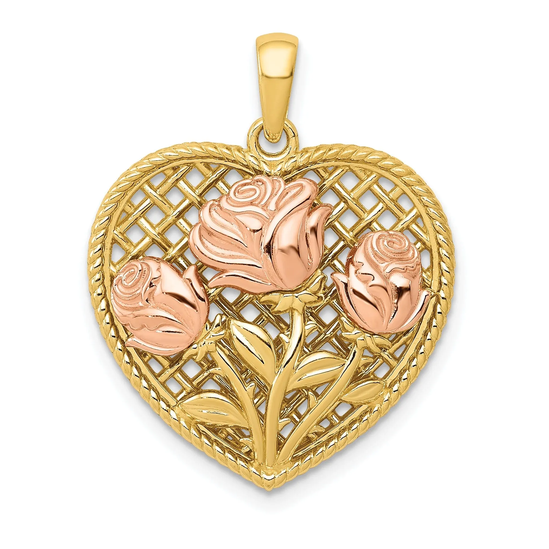 14k Yellow Rose Gold Roses Heart Pendant