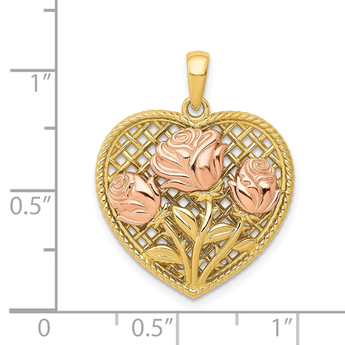 14k Yellow Rose Gold Roses Heart Pendant