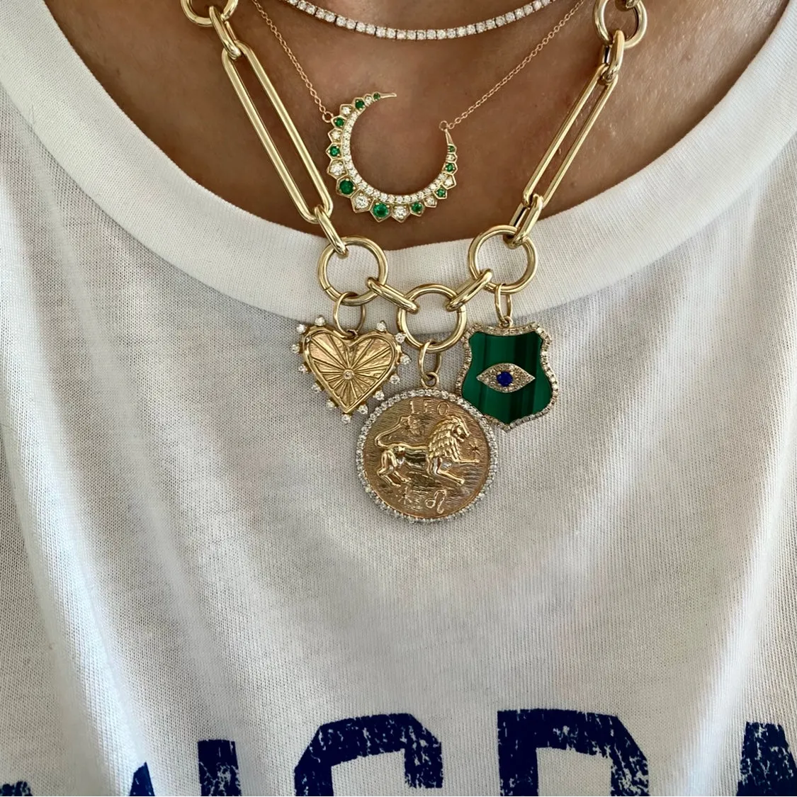 14KT Gold Diamond Malachite Evil Eye Shield Pendant Charm