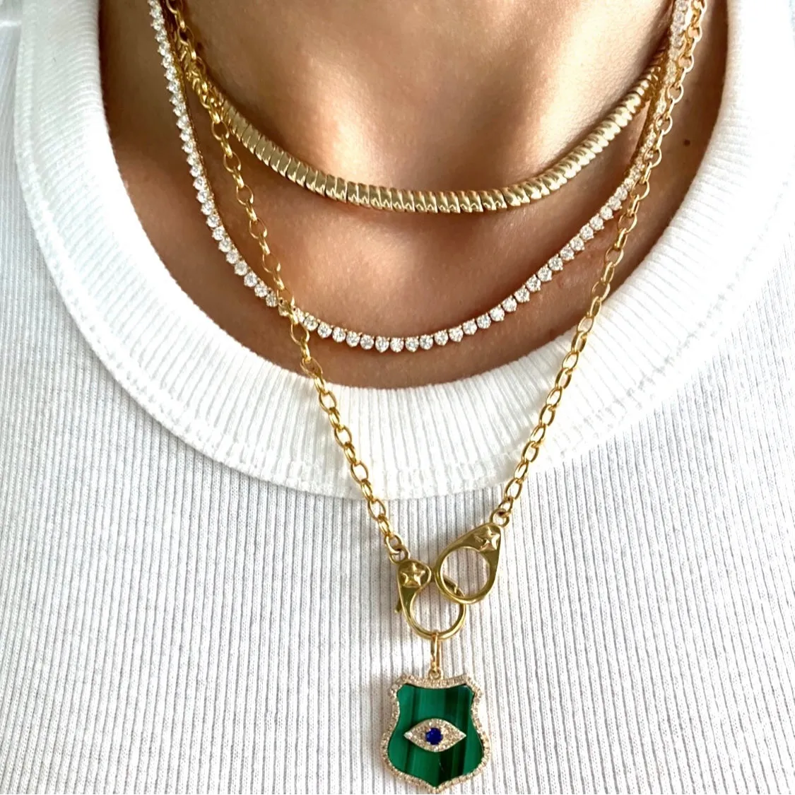 14KT Gold Diamond Malachite Evil Eye Shield Pendant Charm
