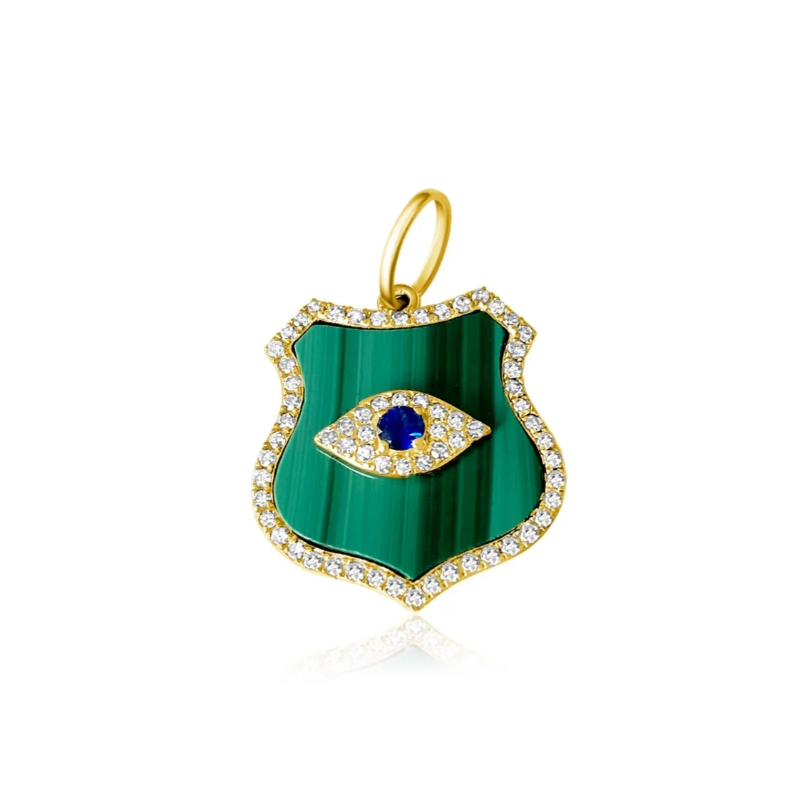 14KT Gold Diamond Malachite Evil Eye Shield Pendant Charm