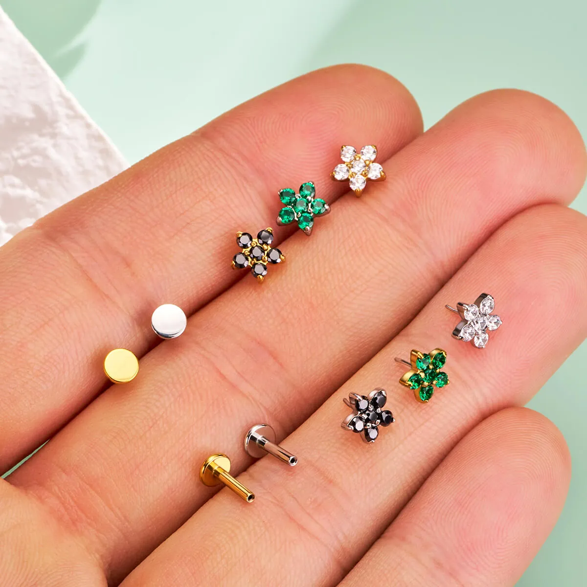 16G Flower Threadless Push Pin CZ Flat Back Cartilage Mantis Piercing Stud Earring