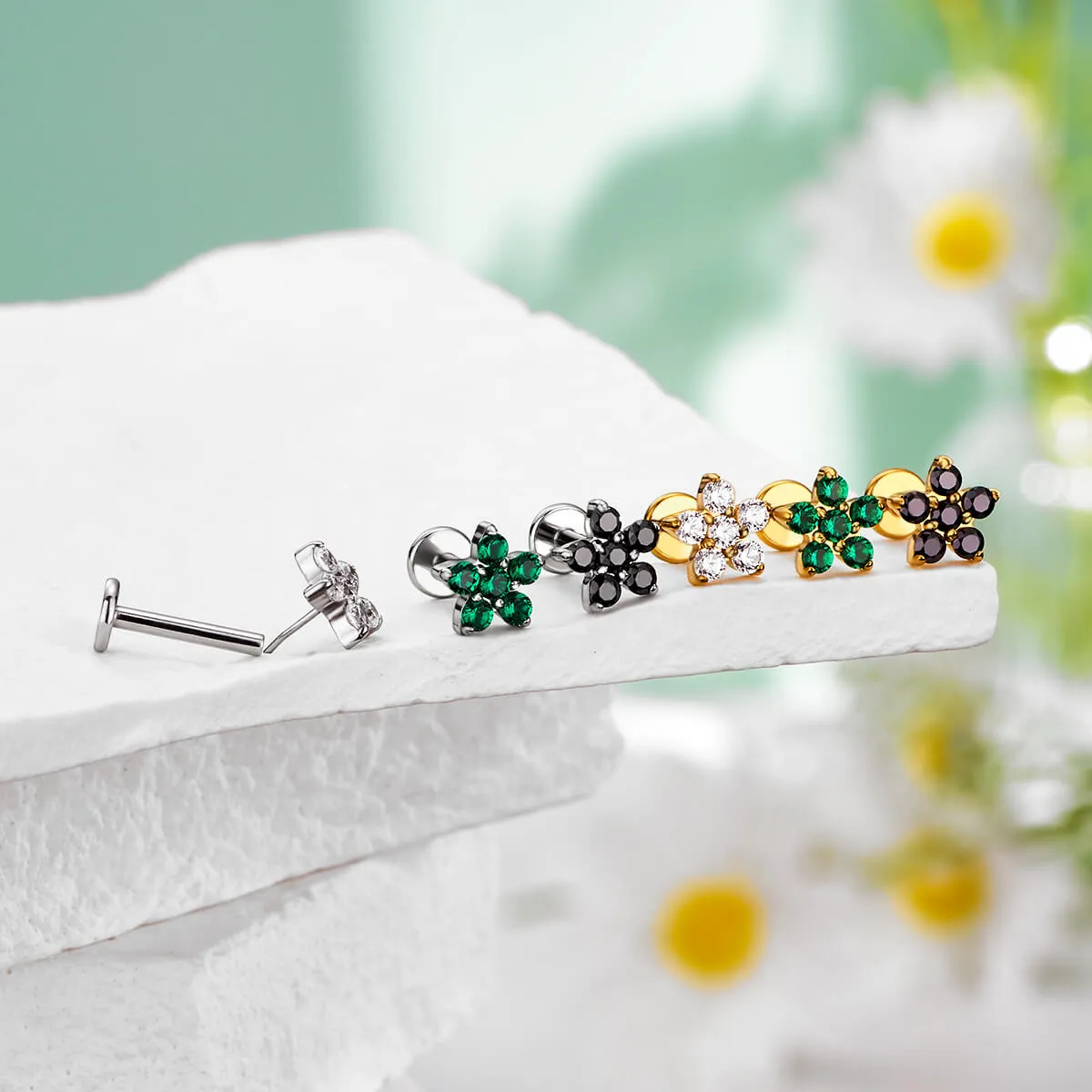 16G Flower Threadless Push Pin CZ Flat Back Cartilage Mantis Piercing Stud Earring