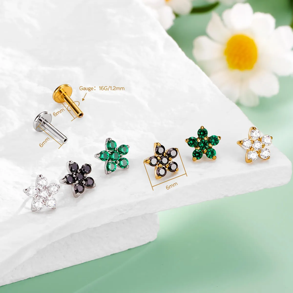 16G Flower Threadless Push Pin CZ Flat Back Cartilage Mantis Piercing Stud Earring