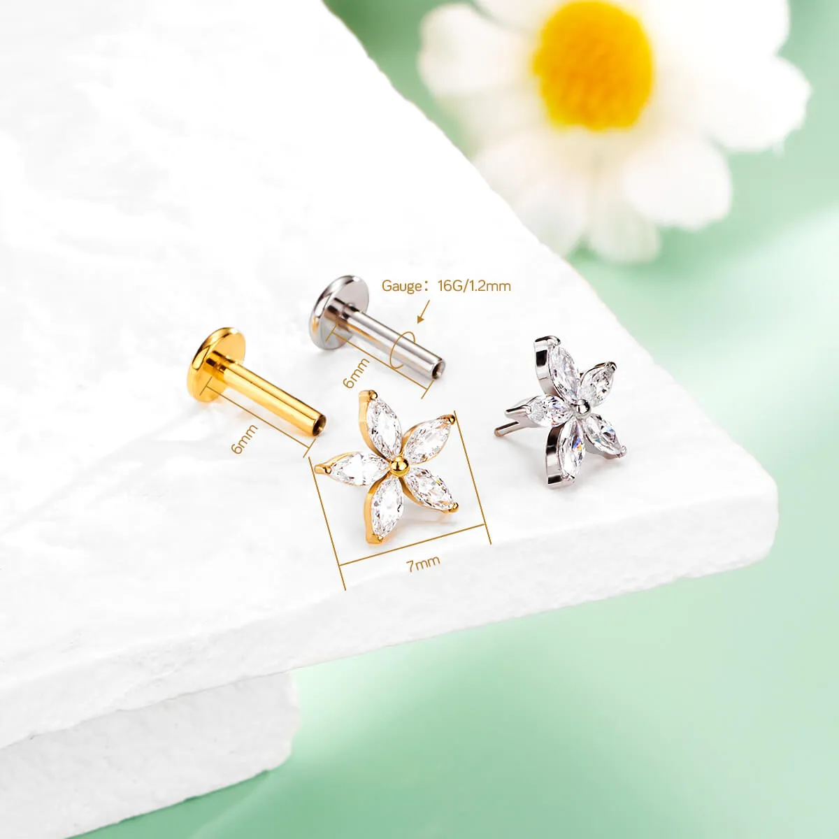 16G Flower Threadless/Push Pin Flat Back Cartilage Stud Earring