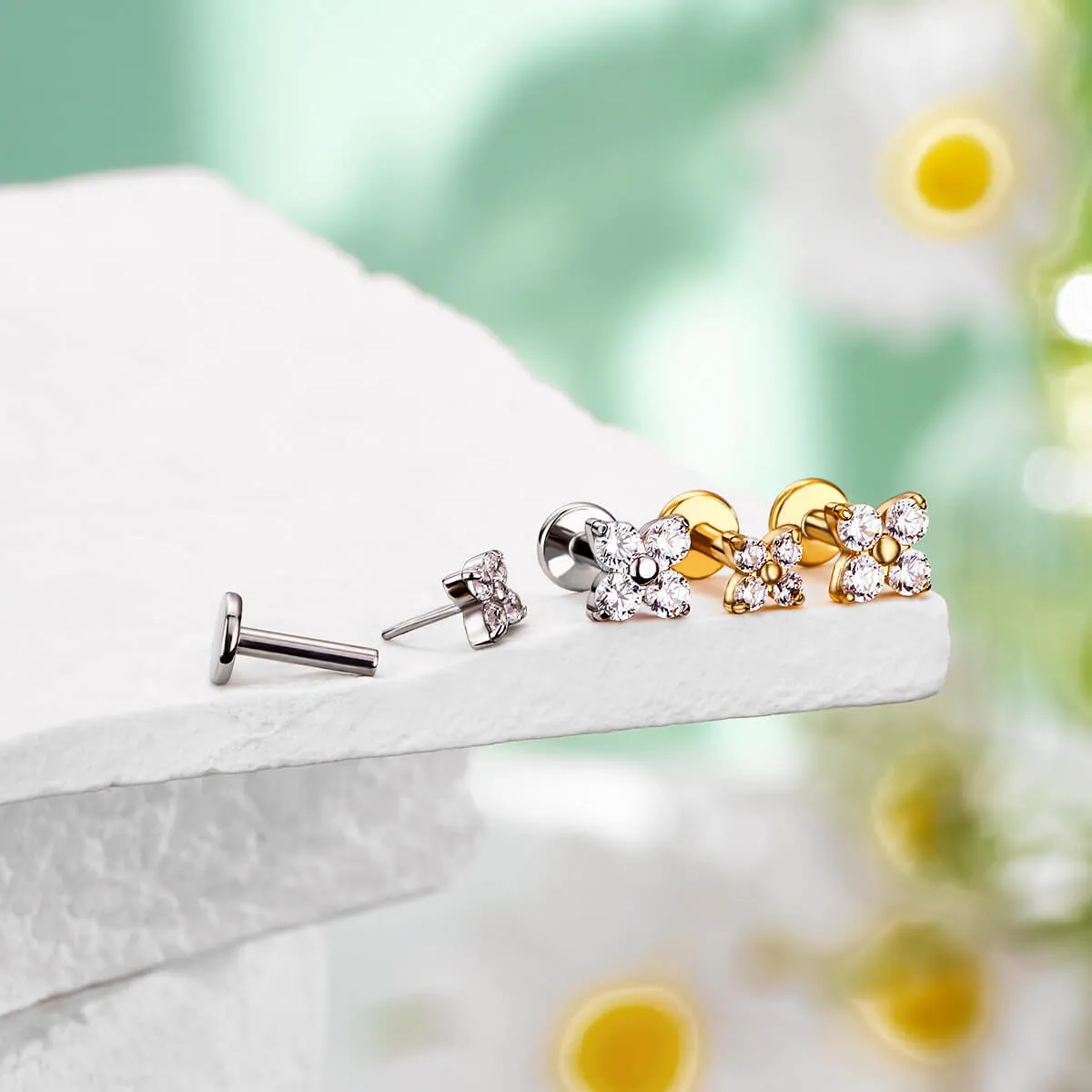 16G Flower Threadless/Push Pin Flat Back CZ Flat Cartilage Mantis Piercing Stud Earring