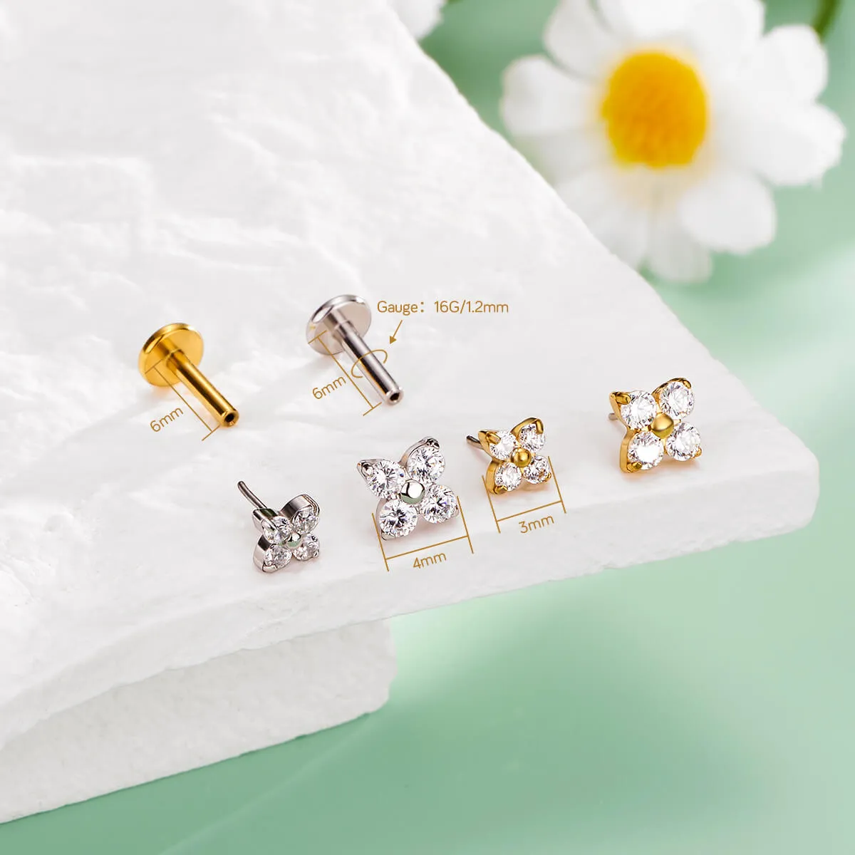 16G Flower Threadless/Push Pin Flat Back CZ Flat Cartilage Mantis Piercing Stud Earring
