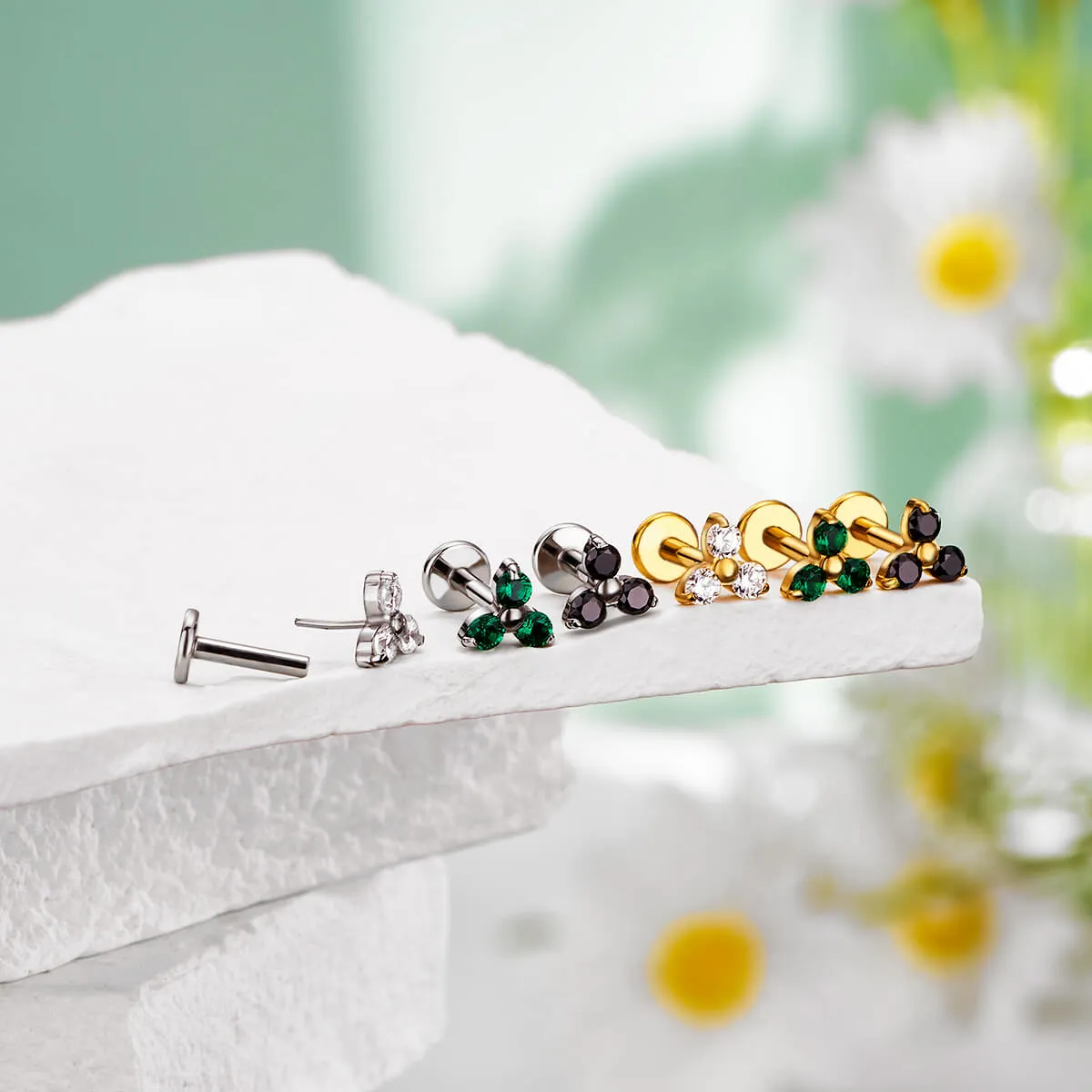 16G Threadless Push Pin Tiny Triple CZ Flat Back Cartilage Mantis Nose Earring