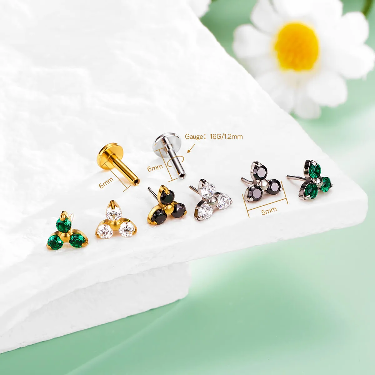 16G Threadless Push Pin Tiny Triple CZ Flat Back Cartilage Mantis Nose Earring