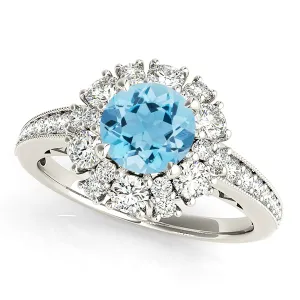 1.75 ct. Genuine Aquamarine Ring With Fancy Halo And delicate Diamond Band