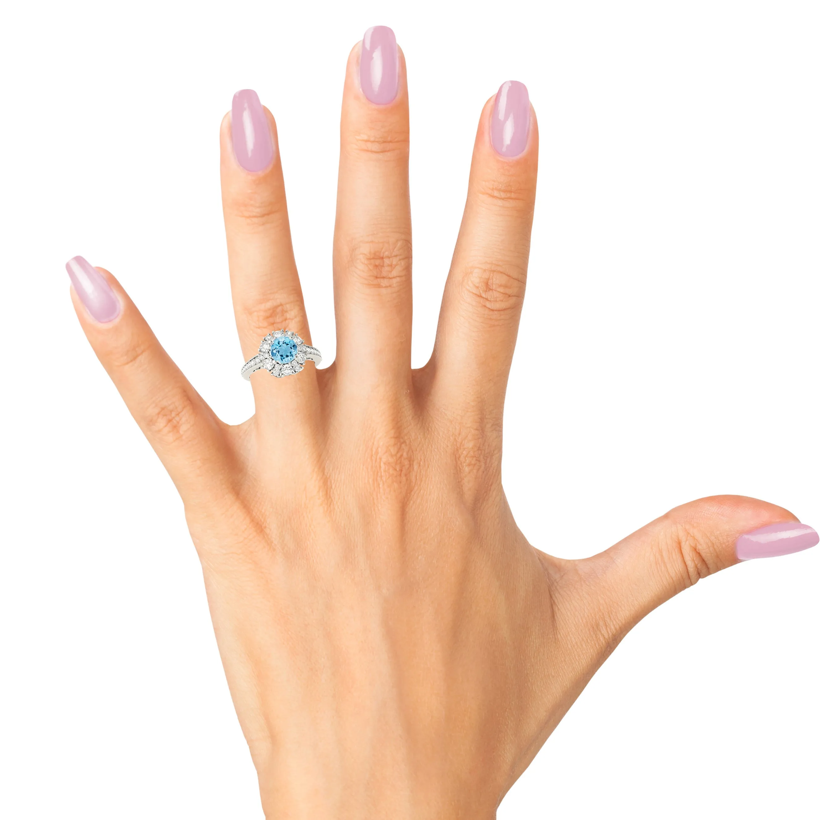 1.75 ct. Genuine Aquamarine Ring With Fancy Halo And delicate Diamond Band