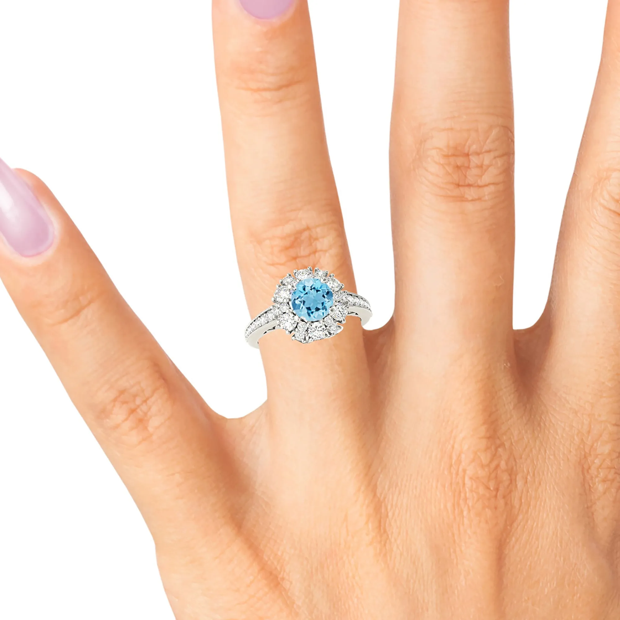 1.75 ct. Genuine Aquamarine Ring With Fancy Halo And delicate Diamond Band