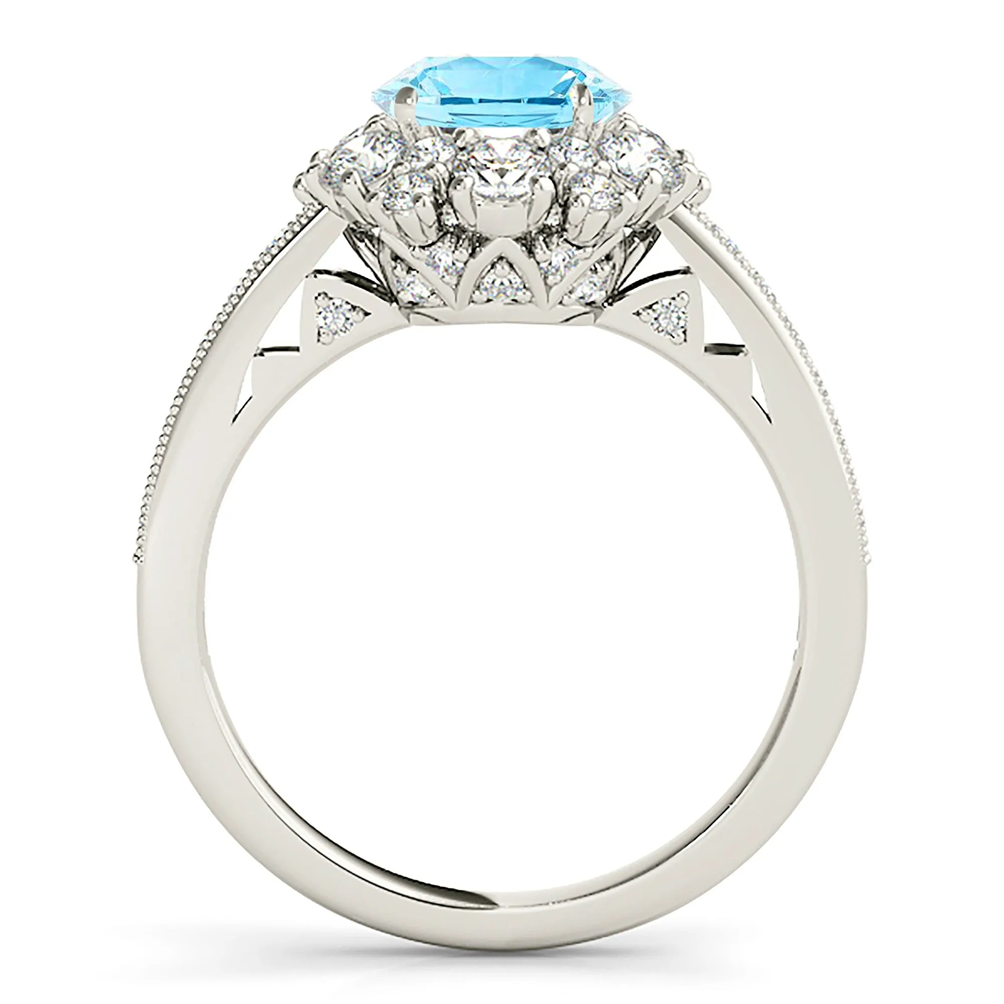 1.75 ct. Genuine Aquamarine Ring With Fancy Halo And delicate Diamond Band