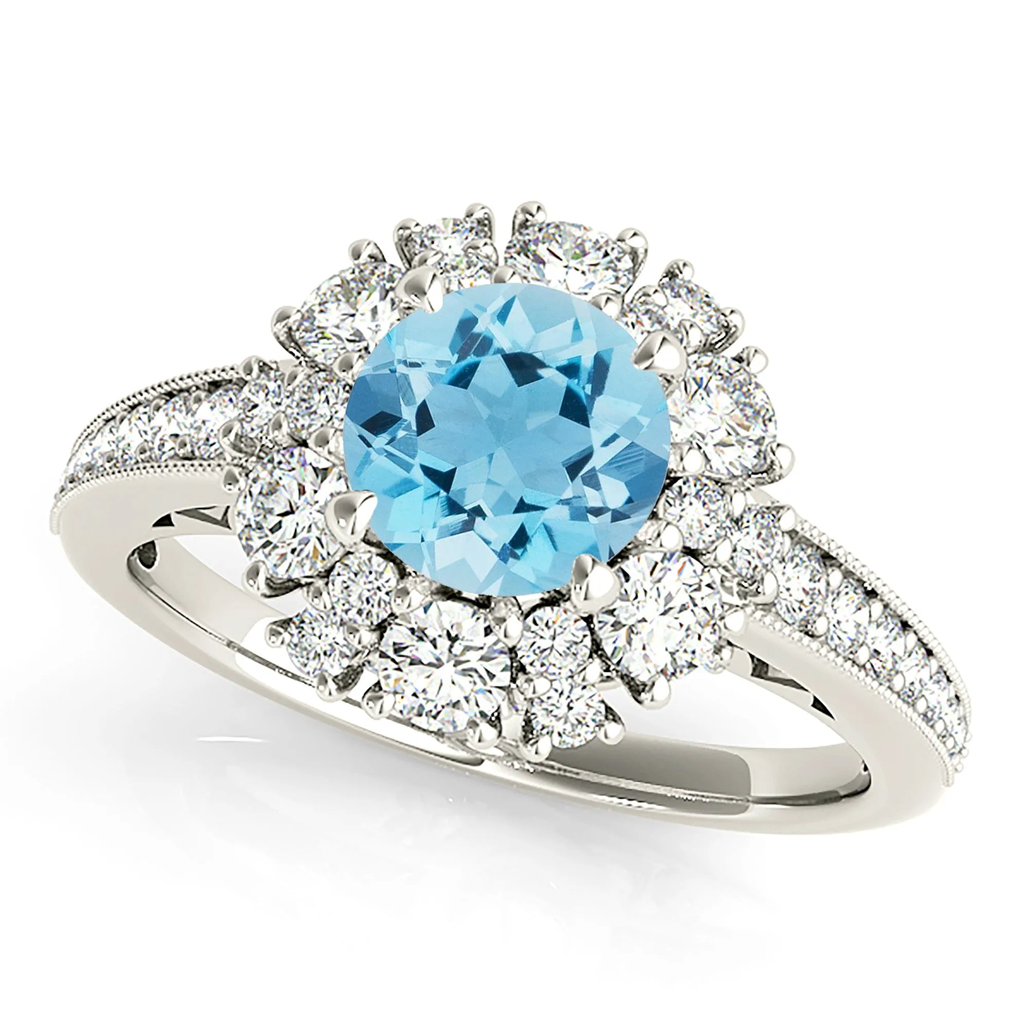 1.75 ct. Genuine Aquamarine Ring With Fancy Halo And delicate Diamond Band