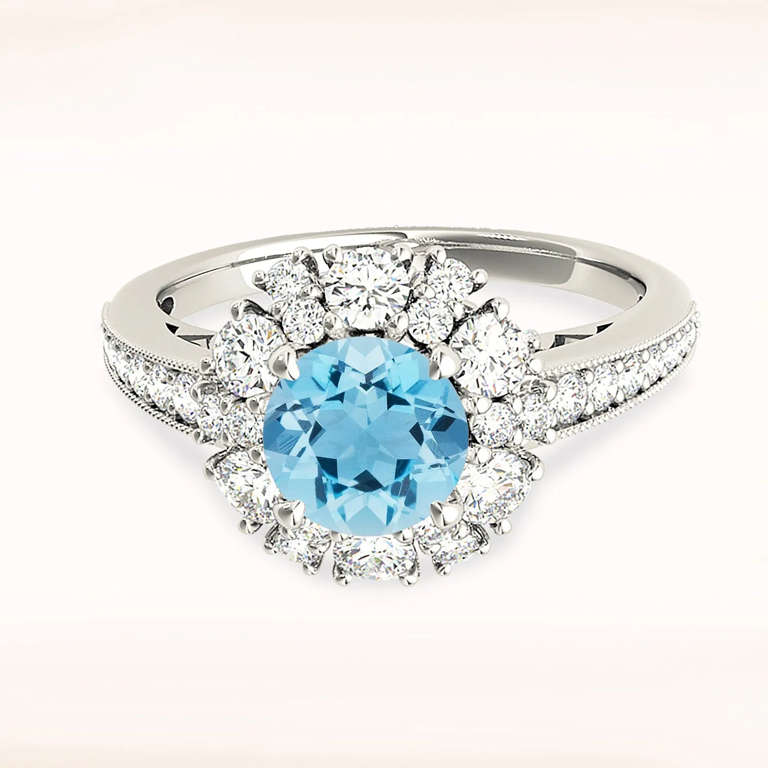1.75 ct. Genuine Aquamarine Ring With Fancy Halo And delicate Diamond Band