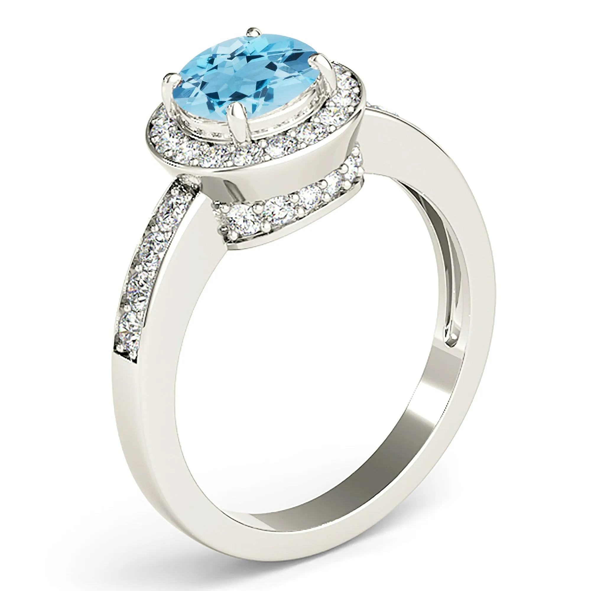1.75 ct. Genuine Aquamarine Ring With Halo And Delicate Diamond Band