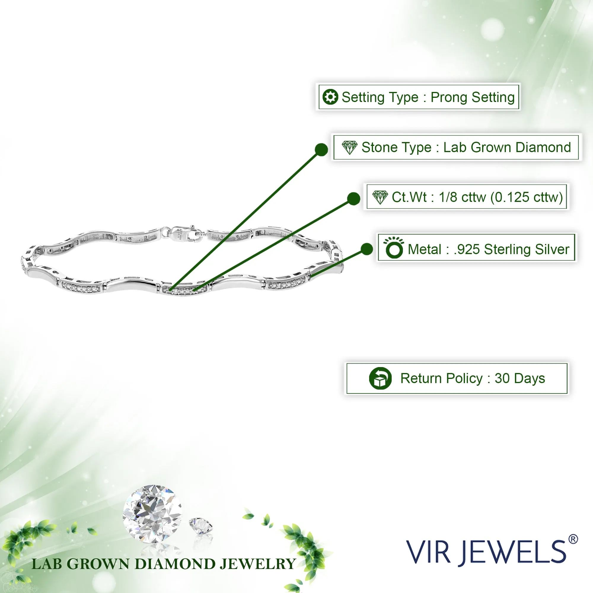 1/8 cttw Lab Grown Diamond Wave Tennis Bracelet in Sterling Silver