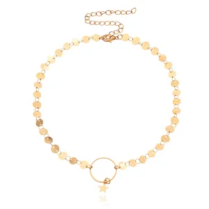 18K Gold-Plated Sequin Chain Circle Pendant Choker Necklace
