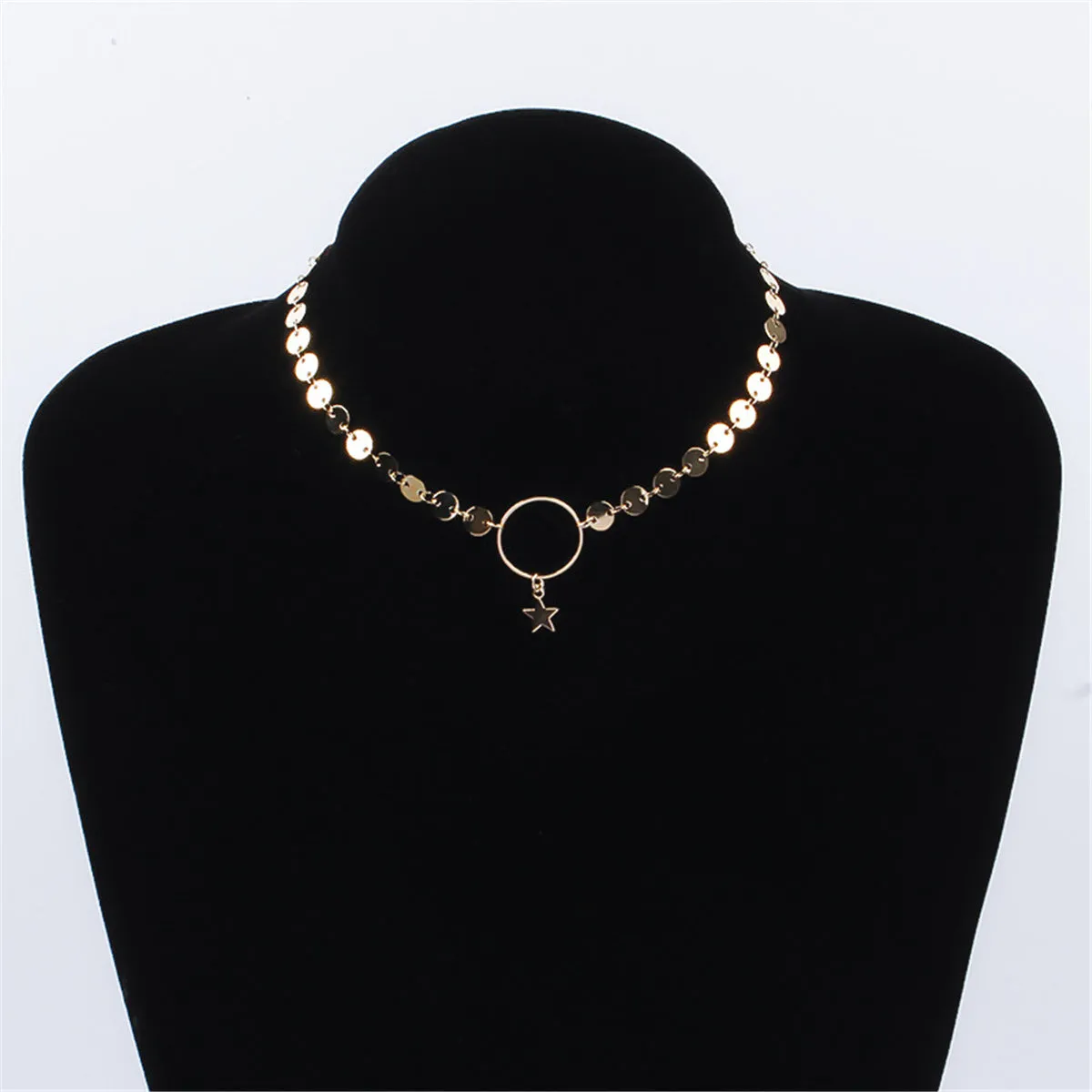 18K Gold-Plated Sequin Chain Circle Pendant Choker Necklace