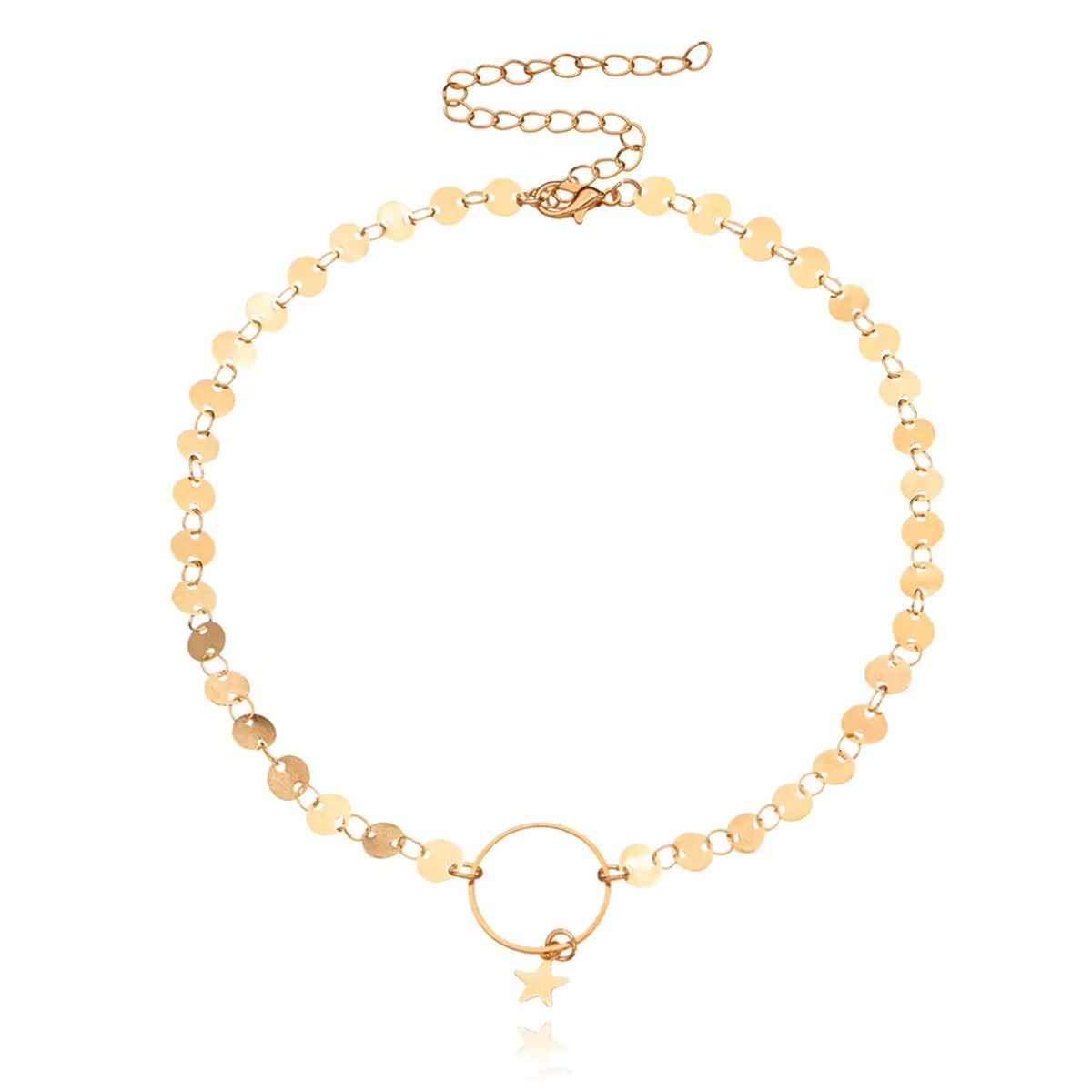 18K Gold-Plated Sequin Chain Circle Pendant Choker Necklace