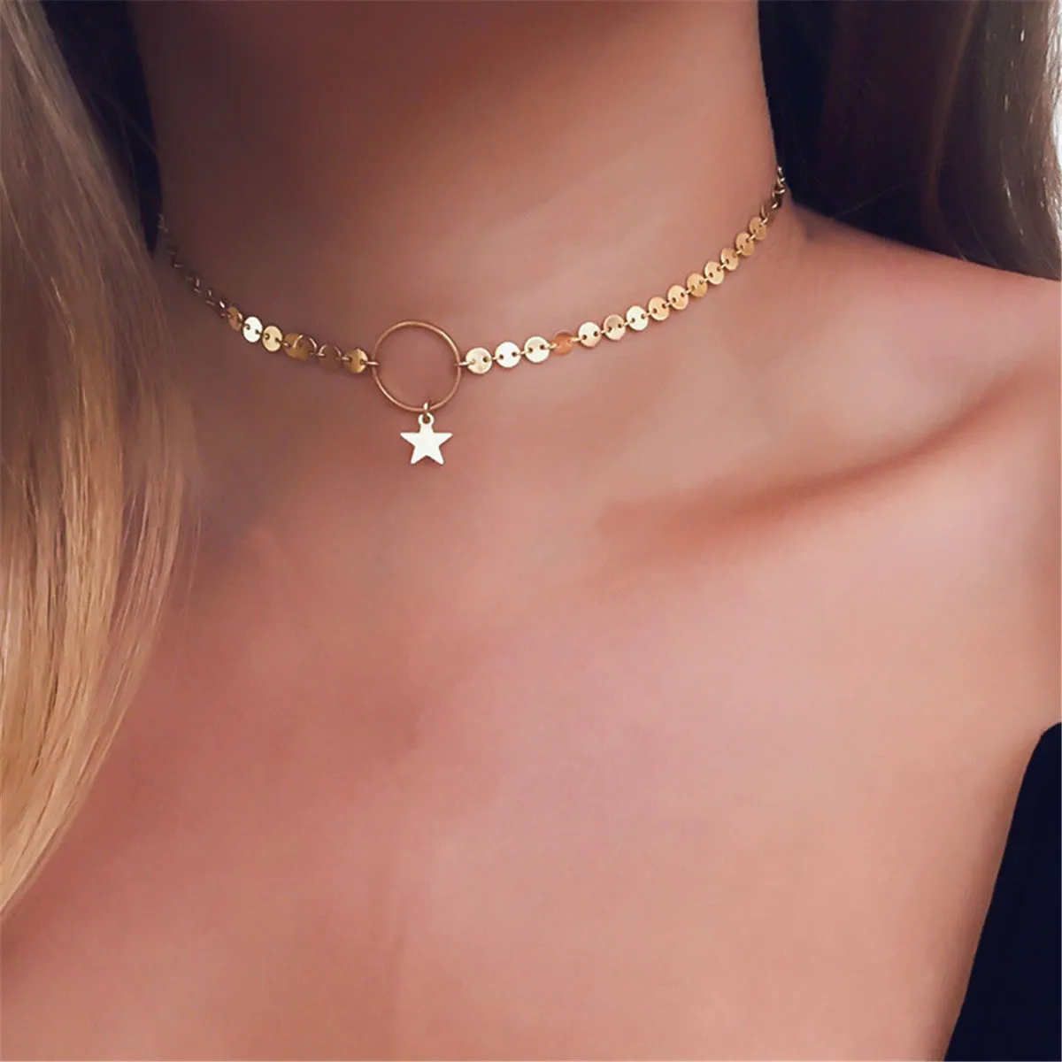 18K Gold-Plated Sequin Chain Circle Pendant Choker Necklace