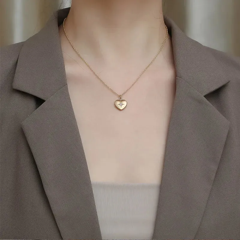 18K Gold Plated Stainless Steel Charm Zircon Heart Pendant Chain Necklace
