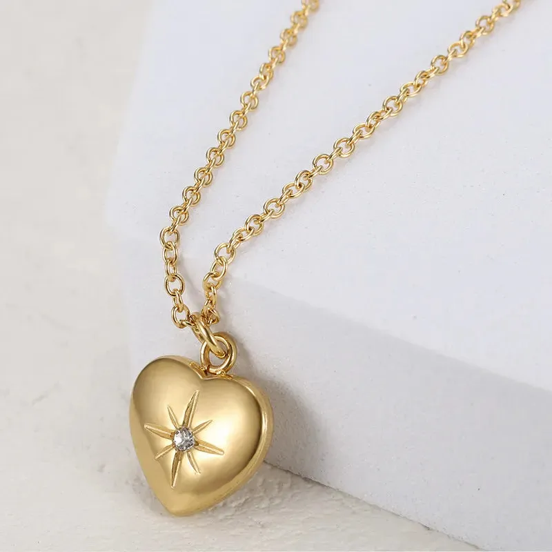 18K Gold Plated Stainless Steel Charm Zircon Heart Pendant Chain Necklace